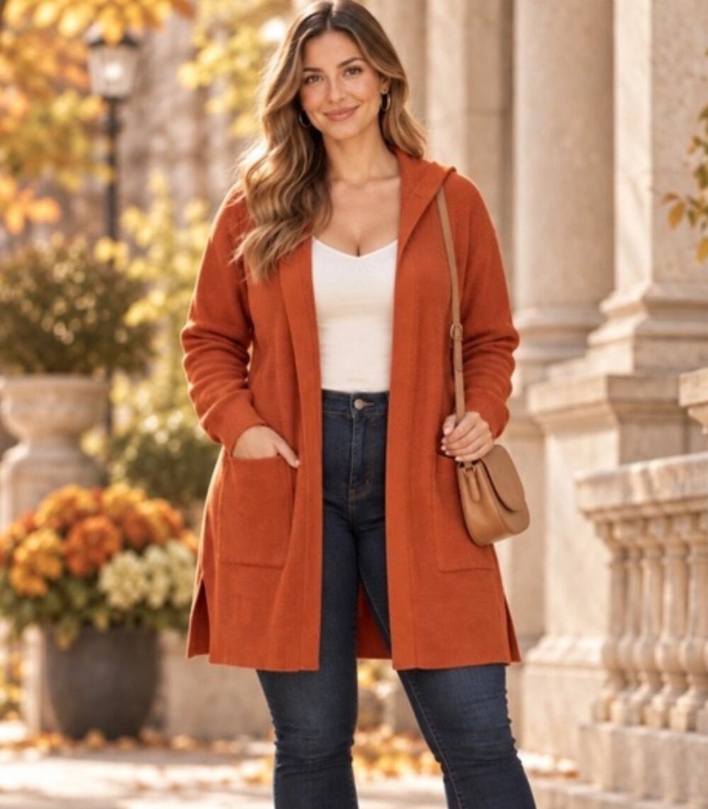 Cyrus Rust Orange Hooded Open Front Cardigan Sweater Plus Size 1X